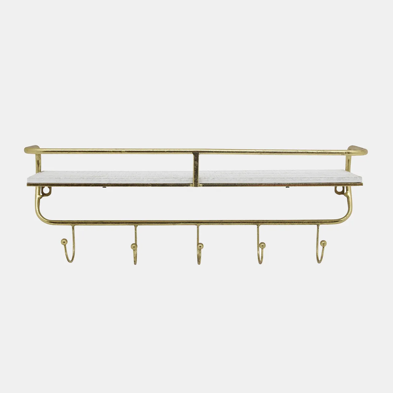 Metal/wood 20" 5 Hook Wall Shelf, White/gold