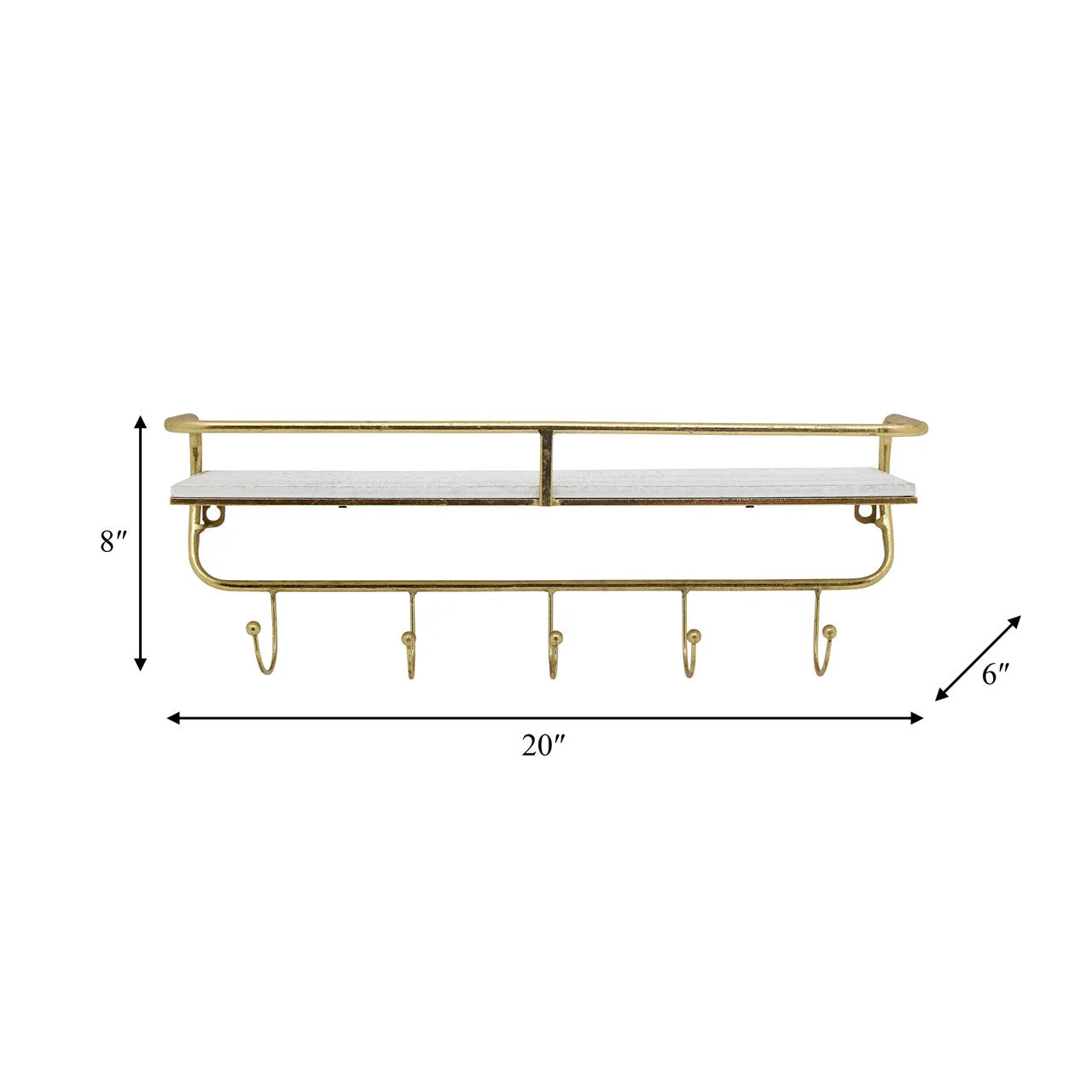 Metal/wood 20" 5 Hook Wall Shelf, White/gold