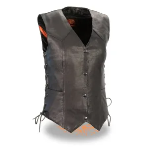 Milwaukee Leather MLL4546 Women's Black Premium Leather Lightweight 4-Snap V-Neck Side Lace Motorcycle Rider Vest