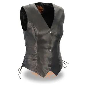 Milwaukee Leather MLL4560 Ladies Black Lightweight Snap Front Vest with Thin Braiding Detail