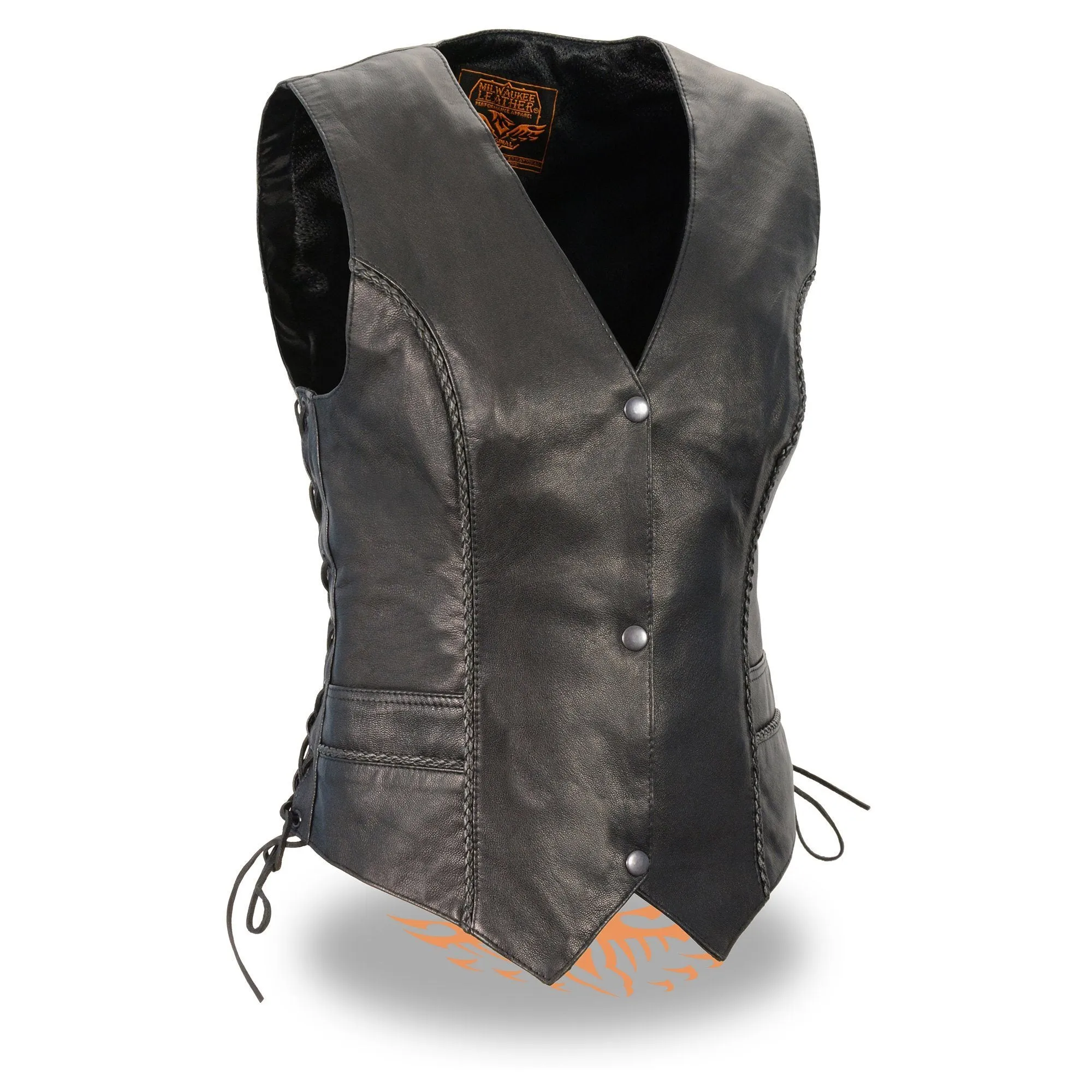 Milwaukee Leather MLL4560 Ladies Black Lightweight Snap Front Vest with Thin Braiding Detail