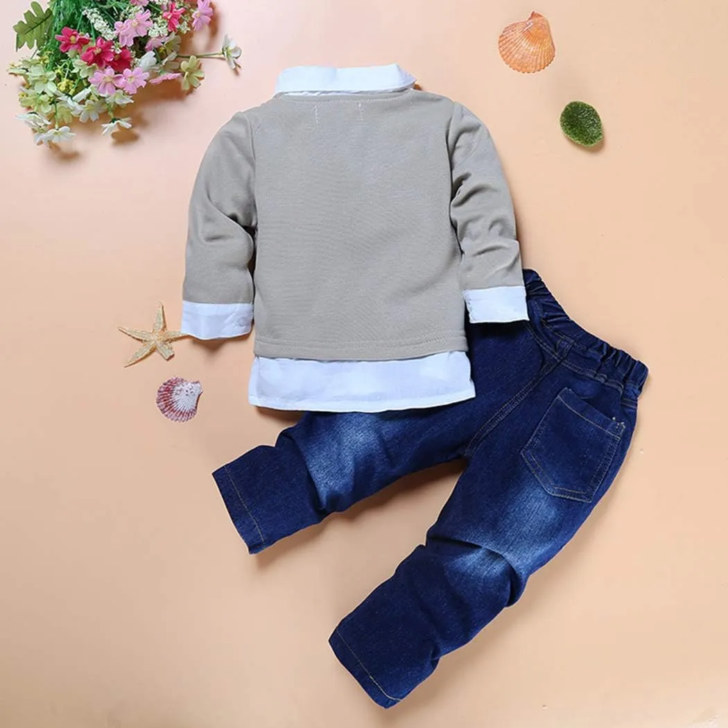 MYGBCPJS 3Pcs Boy Handsome Outfit Set Plaid Shirt   T-Shirt   Suspender Jean Sets