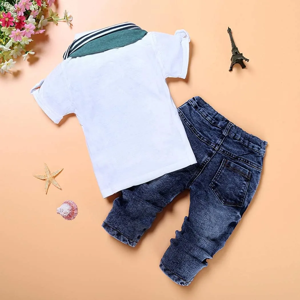 MYGBCPJS 3Pcs Boy Handsome Outfit Set Plaid Shirt   T-Shirt   Suspender Jean Sets