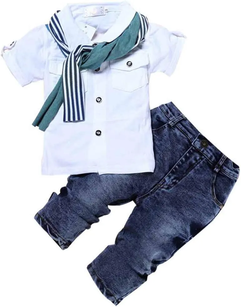 MYGBCPJS 3Pcs Boy Handsome Outfit Set Plaid Shirt   T-Shirt   Suspender Jean Sets