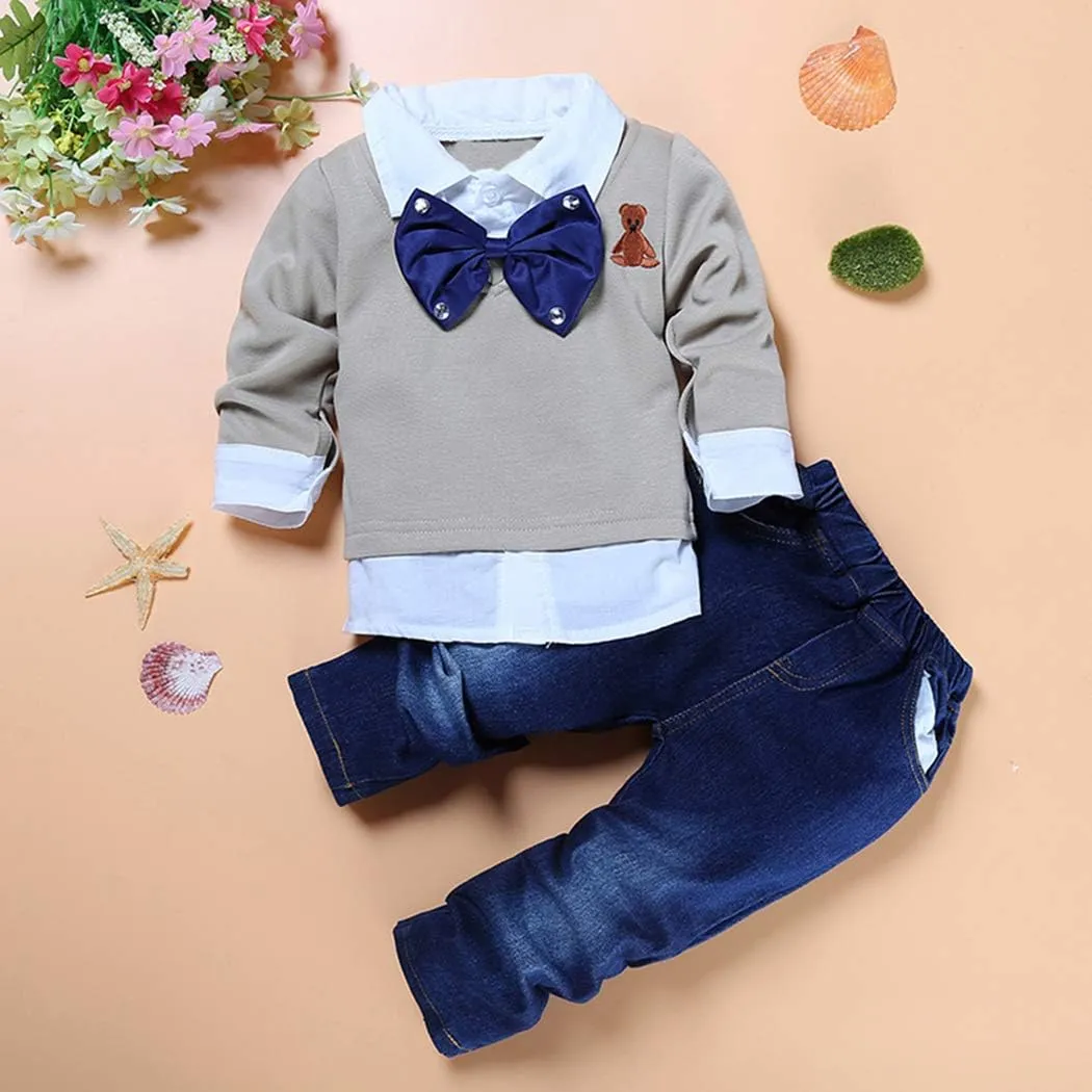 MYGBCPJS 3Pcs Boy Handsome Outfit Set Plaid Shirt   T-Shirt   Suspender Jean Sets