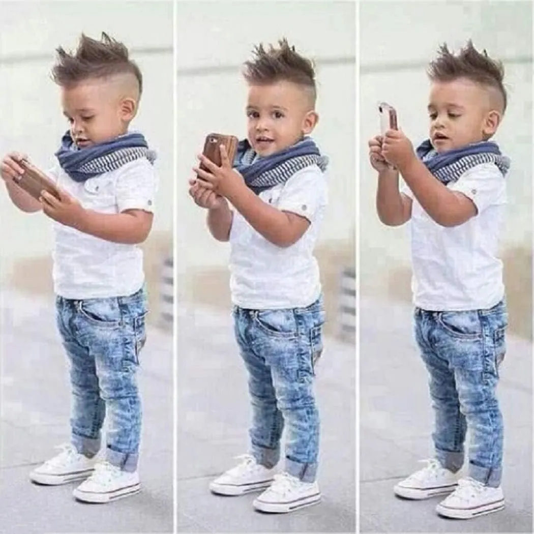 MYGBCPJS 3Pcs Boy Handsome Outfit Set Plaid Shirt   T-Shirt   Suspender Jean Sets