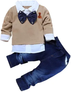 MYGBCPJS 3Pcs Boy Handsome Outfit Set Plaid Shirt   T-Shirt   Suspender Jean Sets