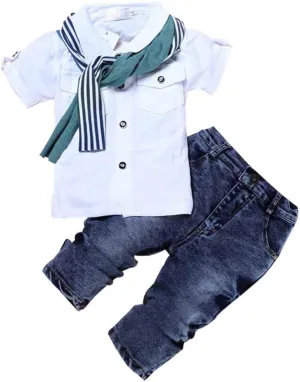 MYGBCPJS 3Pcs Boy Handsome Outfit Set Plaid Shirt   T-Shirt   Suspender Jean Sets
