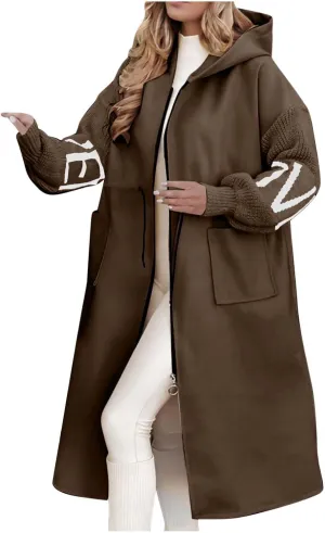 NATHGAM Women Wool Long Trench Coat Casual Oversized Zip Up Knitted Sleeve Hooded Sweatshirts Wool Blend Overcoat with Pocket