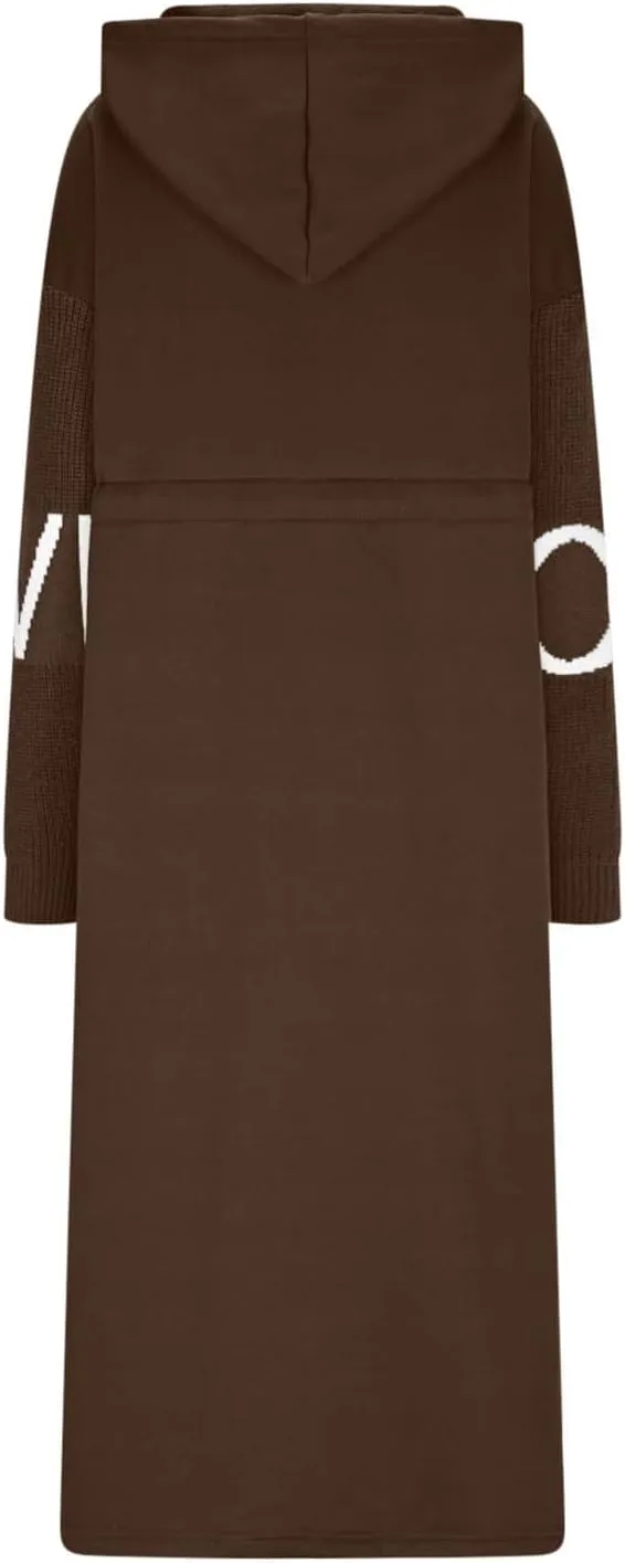 NATHGAM Women Wool Long Trench Coat Casual Oversized Zip Up Knitted Sleeve Hooded Sweatshirts Wool Blend Overcoat with Pocket