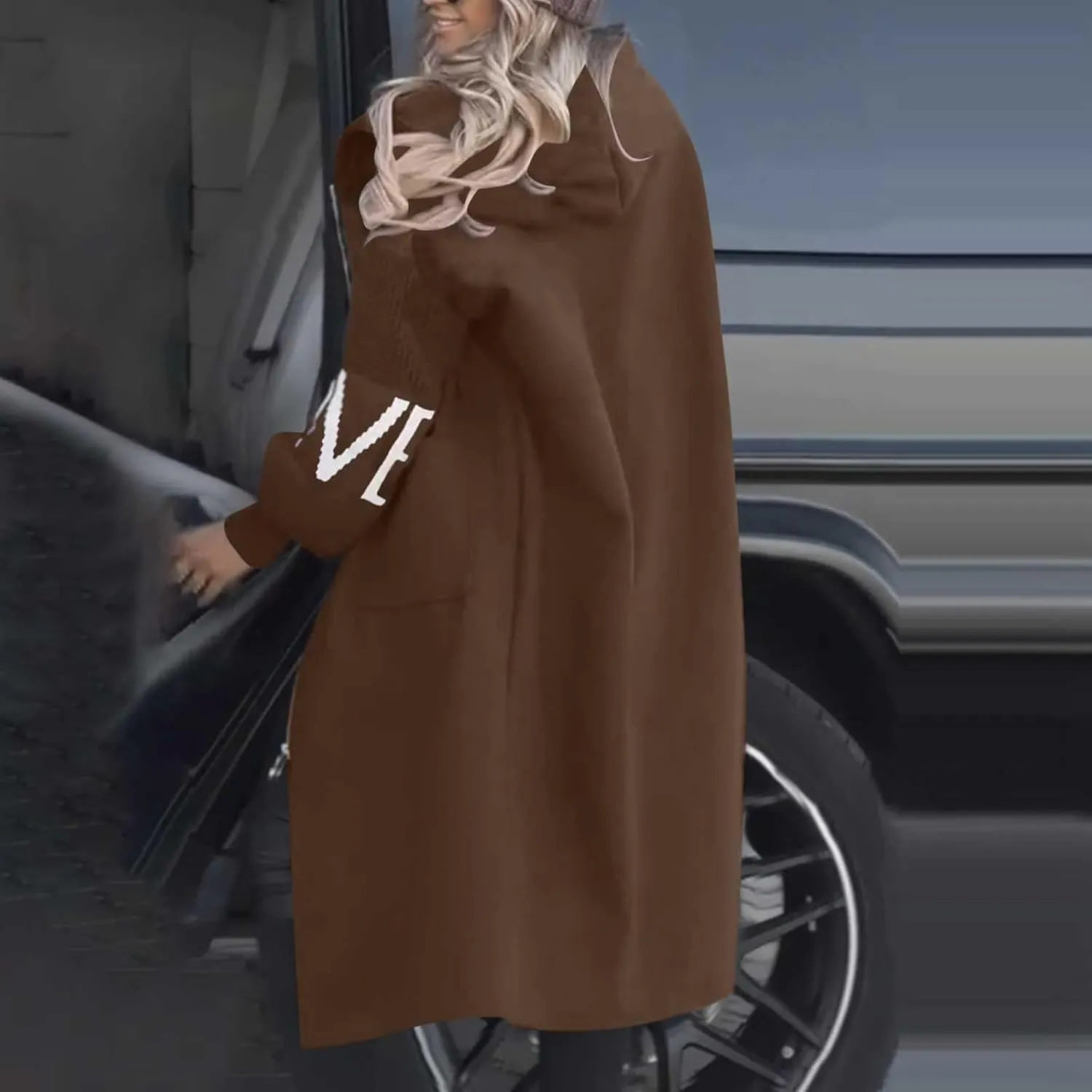 NATHGAM Women Wool Long Trench Coat Casual Oversized Zip Up Knitted Sleeve Hooded Sweatshirts Wool Blend Overcoat with Pocket