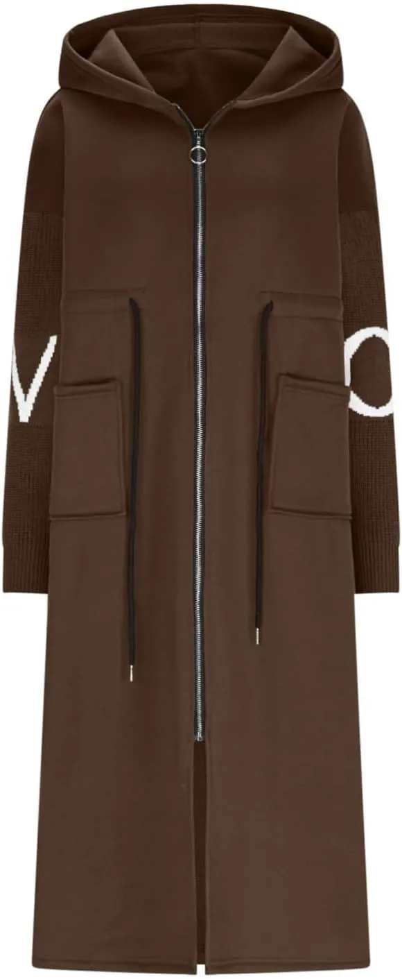 NATHGAM Women Wool Long Trench Coat Casual Oversized Zip Up Knitted Sleeve Hooded Sweatshirts Wool Blend Overcoat with Pocket