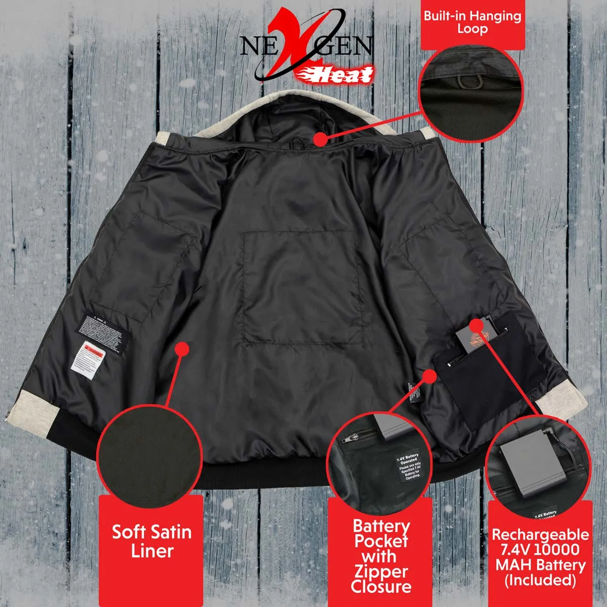 Nexgen Heat MPM1714SET Men's Fiery Heated Hoodie Silver Zipper Front Sweatshirt Jacket for Winter w/Battery Pack