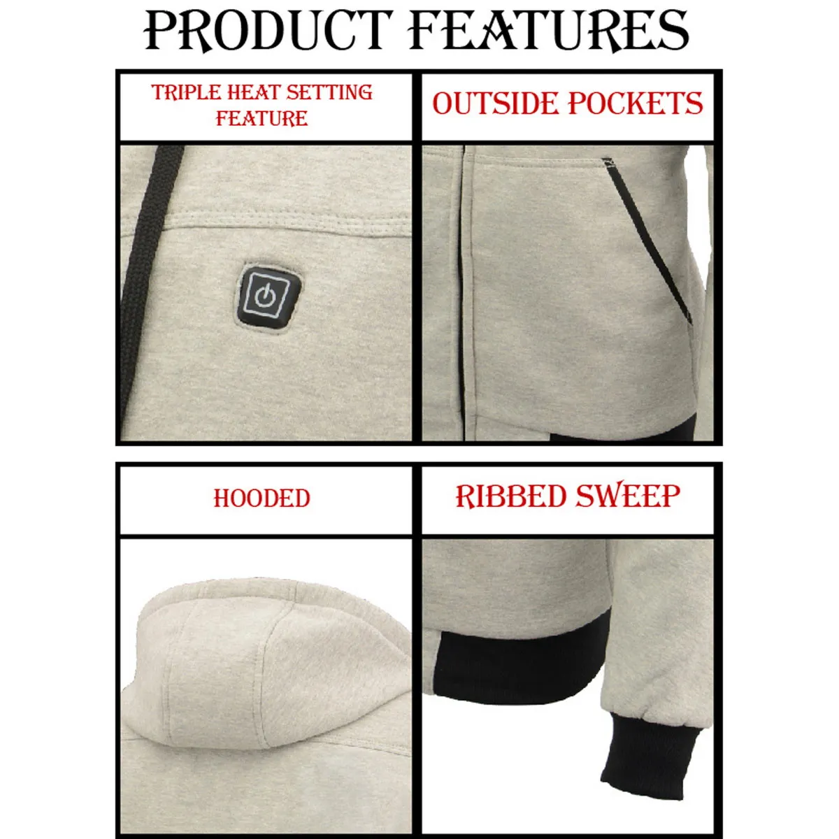 Nexgen Heat MPM1714SET Men's Fiery Heated Hoodie Silver Zipper Front Sweatshirt Jacket for Winter w/Battery Pack