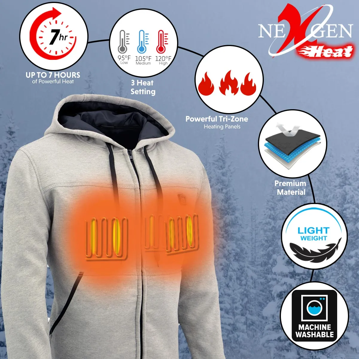 Nexgen Heat MPM1714SET Men's Fiery Heated Hoodie Silver Zipper Front Sweatshirt Jacket for Winter w/Battery Pack