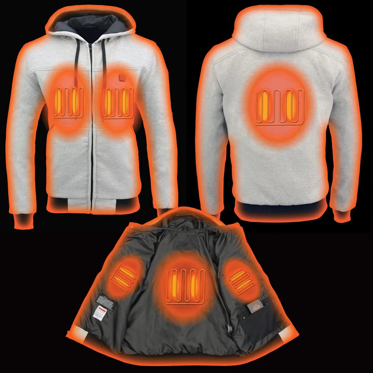 Nexgen Heat MPM1714SET Men's Fiery Heated Hoodie Silver Zipper Front Sweatshirt Jacket for Winter w/Battery Pack