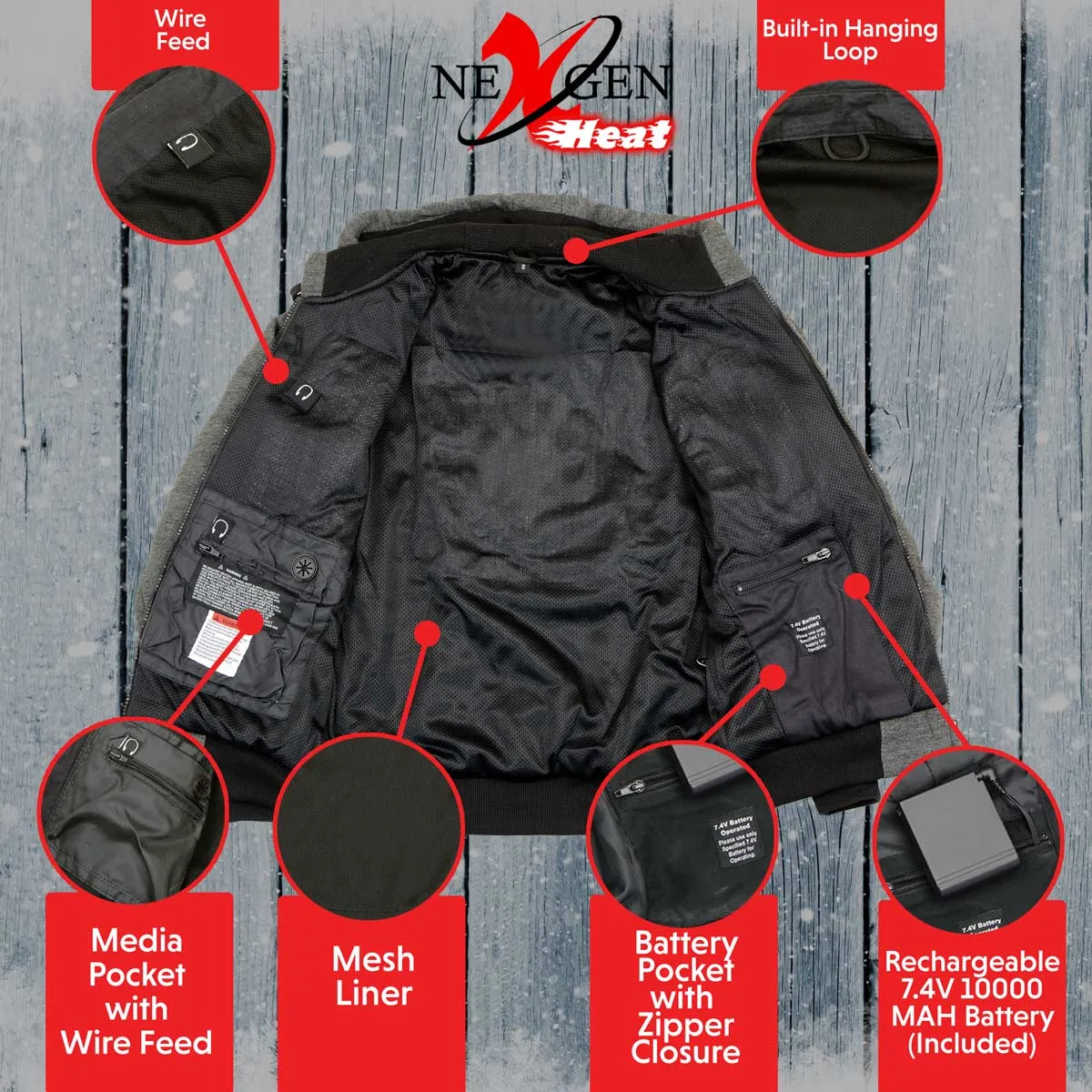 Nexgen Heat NXM1713SET Men's Fiery Heated Hoodie - Grey Zipper Front Sweatshirt Jacket for Winter w/Battery Pack