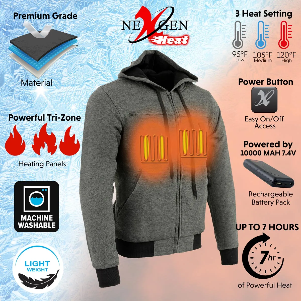 Nexgen Heat NXM1713SET Men's Fiery Heated Hoodie - Grey Zipper Front Sweatshirt Jacket for Winter w/Battery Pack