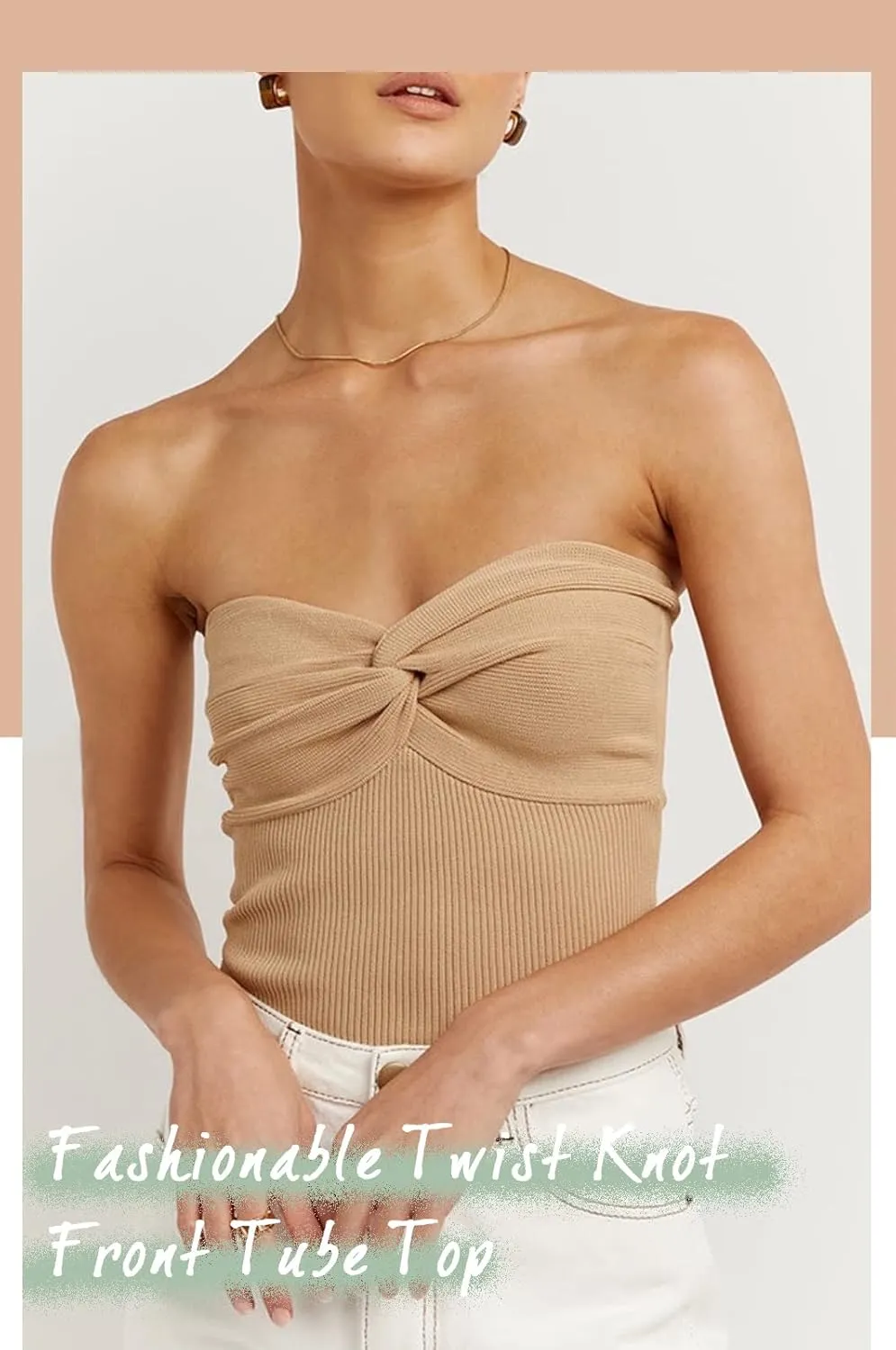 NTSWZYS Womens Strapless Crop Top Sexy Twist Knot Front Solid Ribbed Knit Tube Top Sleeveless Camisole Tanks Top