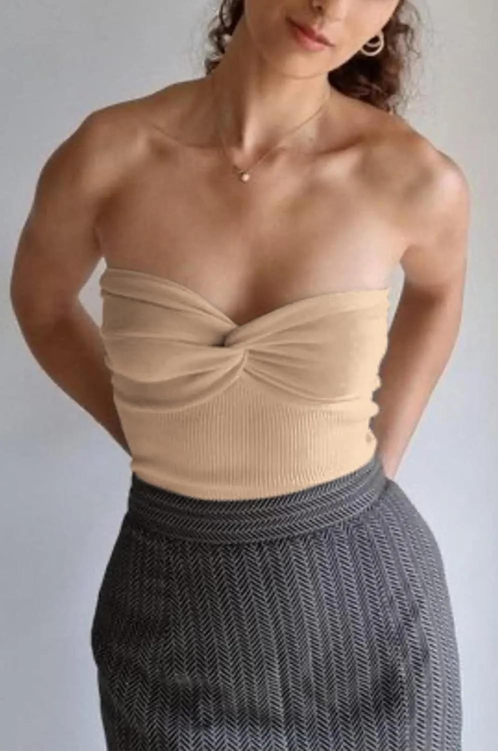 NTSWZYS Womens Strapless Crop Top Sexy Twist Knot Front Solid Ribbed Knit Tube Top Sleeveless Camisole Tanks Top