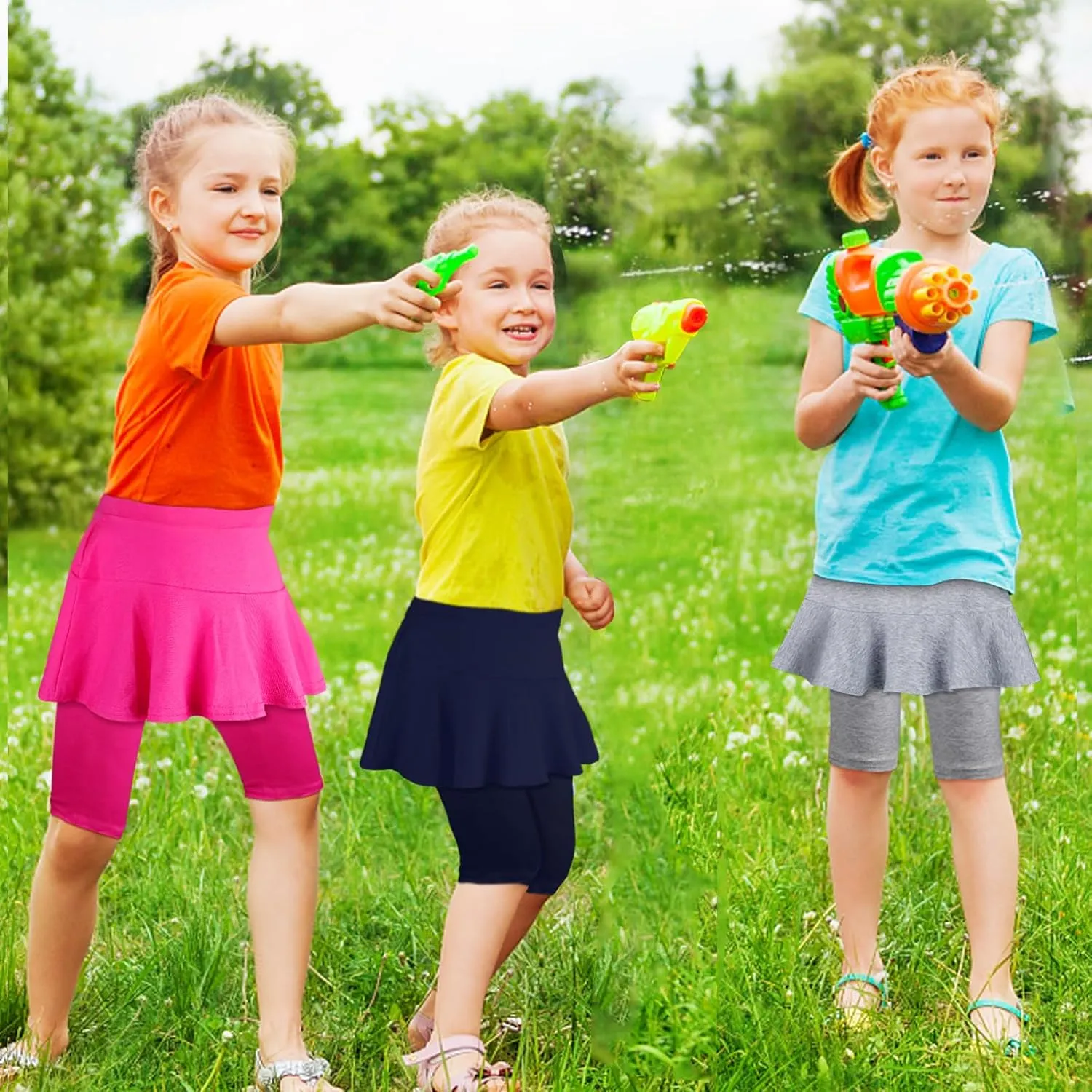 ONESING 3 Pack Knee-Length Leggings with Skirt for Girls 4-11 Years - Stretchy Athletic Leggings - Summer Pant Skirt Leggings