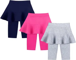 ONESING 3 Pack Knee-Length Leggings with Skirt for Girls 4-11 Years - Stretchy Athletic Leggings - Summer Pant Skirt Leggings