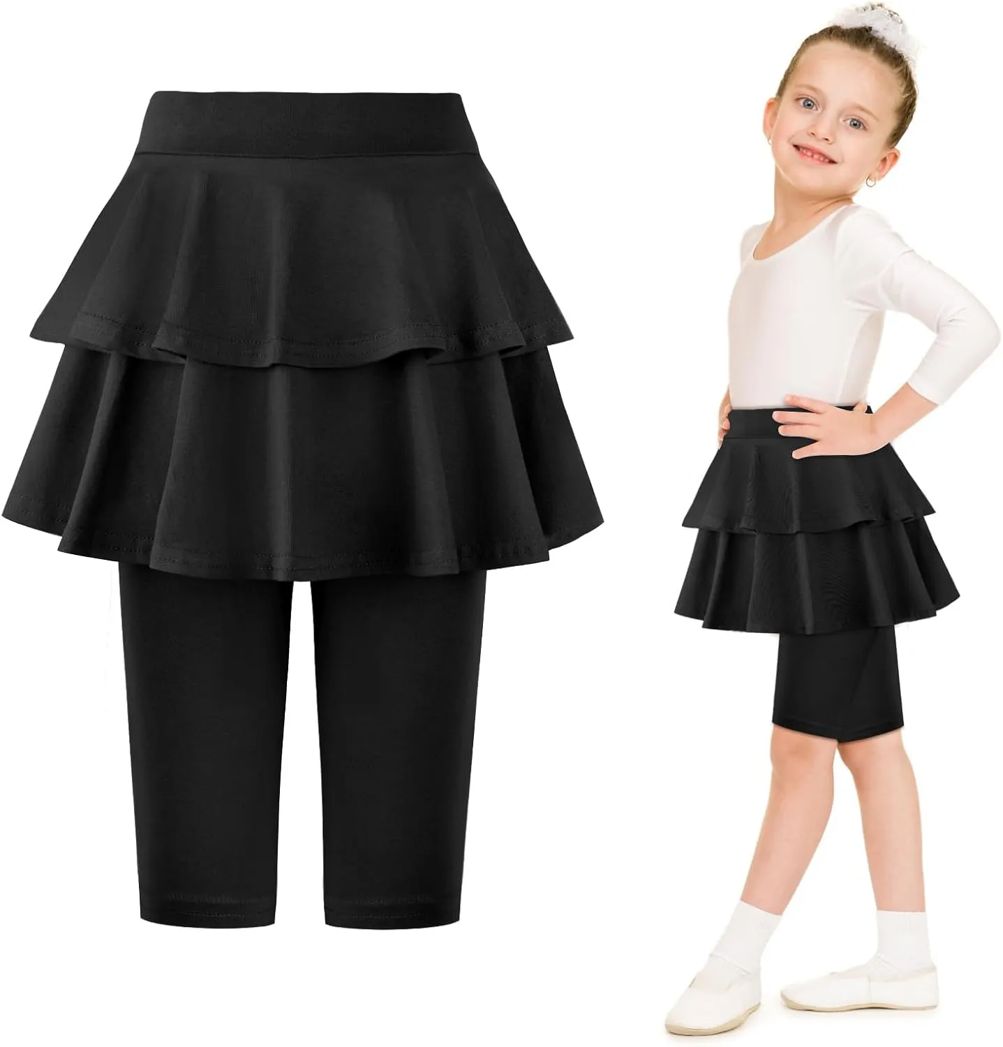 ONESING 3 Pack Knee-Length Leggings with Skirt for Girls 4-11 Years - Stretchy Athletic Leggings - Summer Pant Skirt Leggings