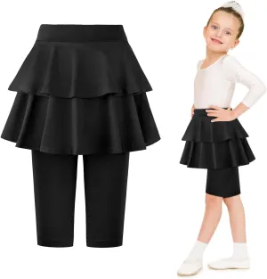 ONESING 3 Pack Knee-Length Leggings with Skirt for Girls 4-11 Years - Stretchy Athletic Leggings - Summer Pant Skirt Leggings