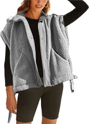 OPCAKM Women's Fuzzy Fleece Vest Oversized Sleeveless Sherpa Jacket Warm Button Down Gilet Outerwear with Pockets