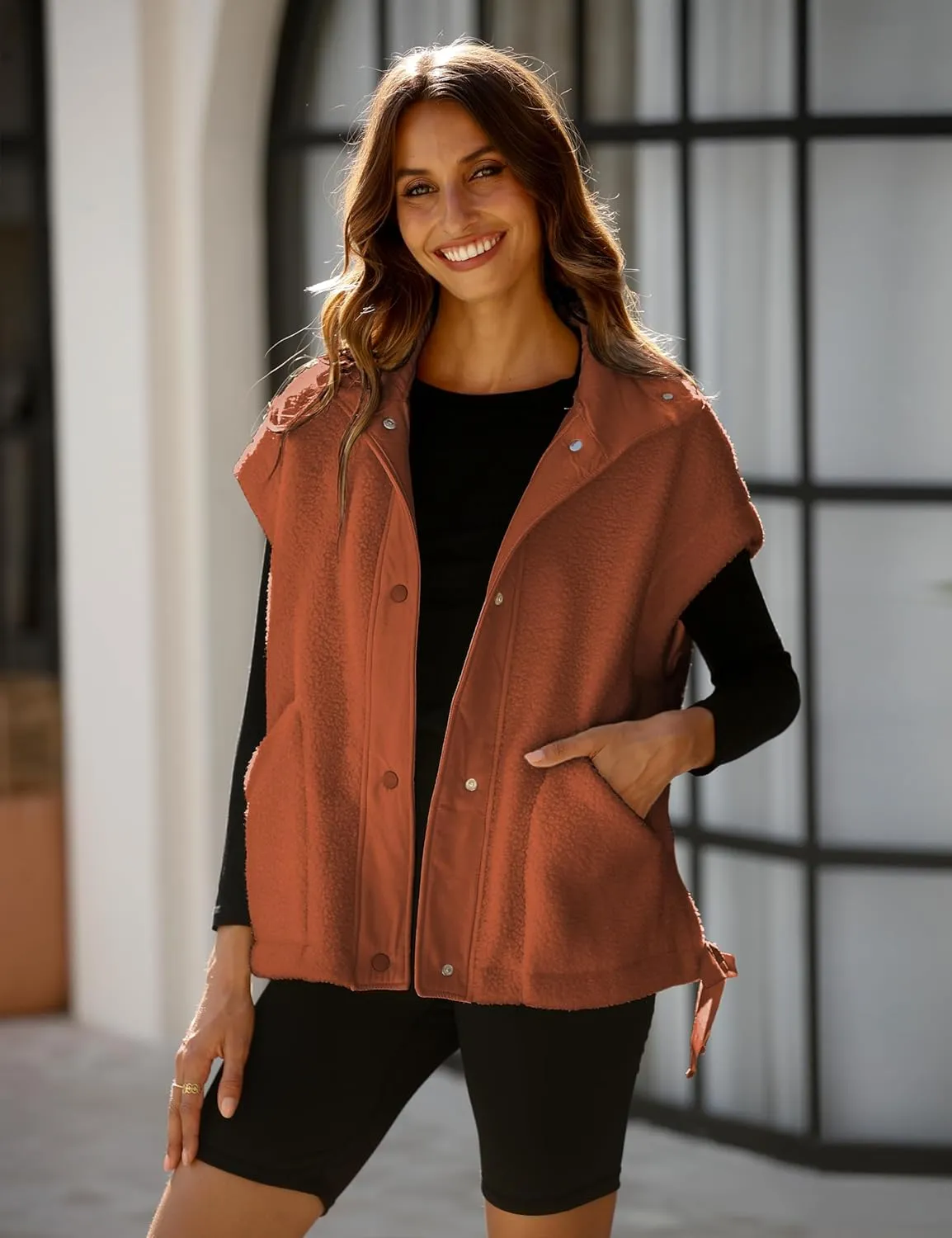 OPCAKM Women's Fuzzy Fleece Vest Oversized Sleeveless Sherpa Jacket Warm Button Down Gilet Outerwear with Pockets