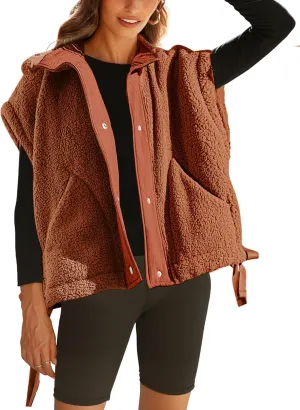OPCAKM Women's Fuzzy Fleece Vest Oversized Sleeveless Sherpa Jacket Warm Button Down Gilet Outerwear with Pockets