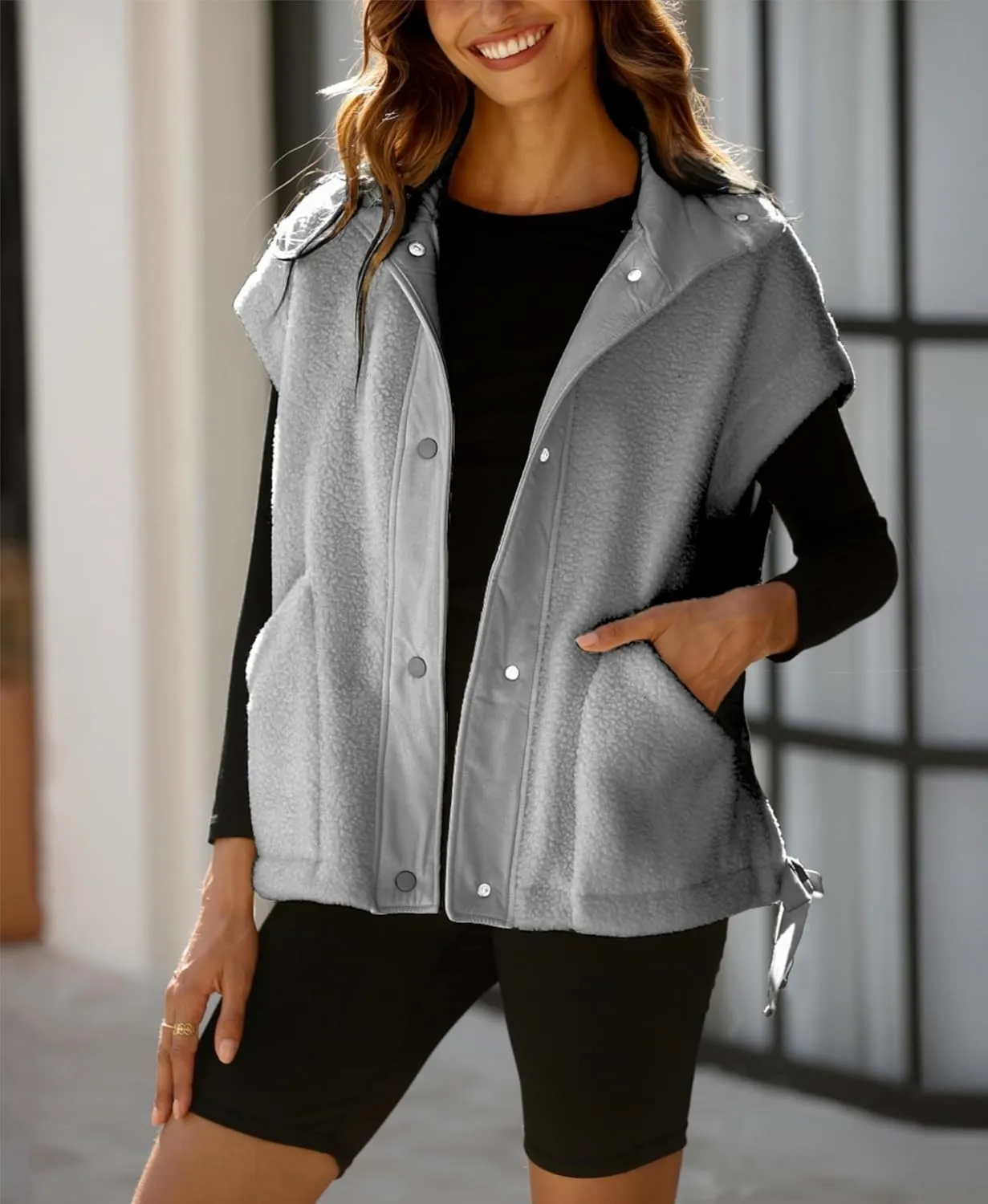 OPCAKM Women's Fuzzy Fleece Vest Oversized Sleeveless Sherpa Jacket Warm Button Down Gilet Outerwear with Pockets