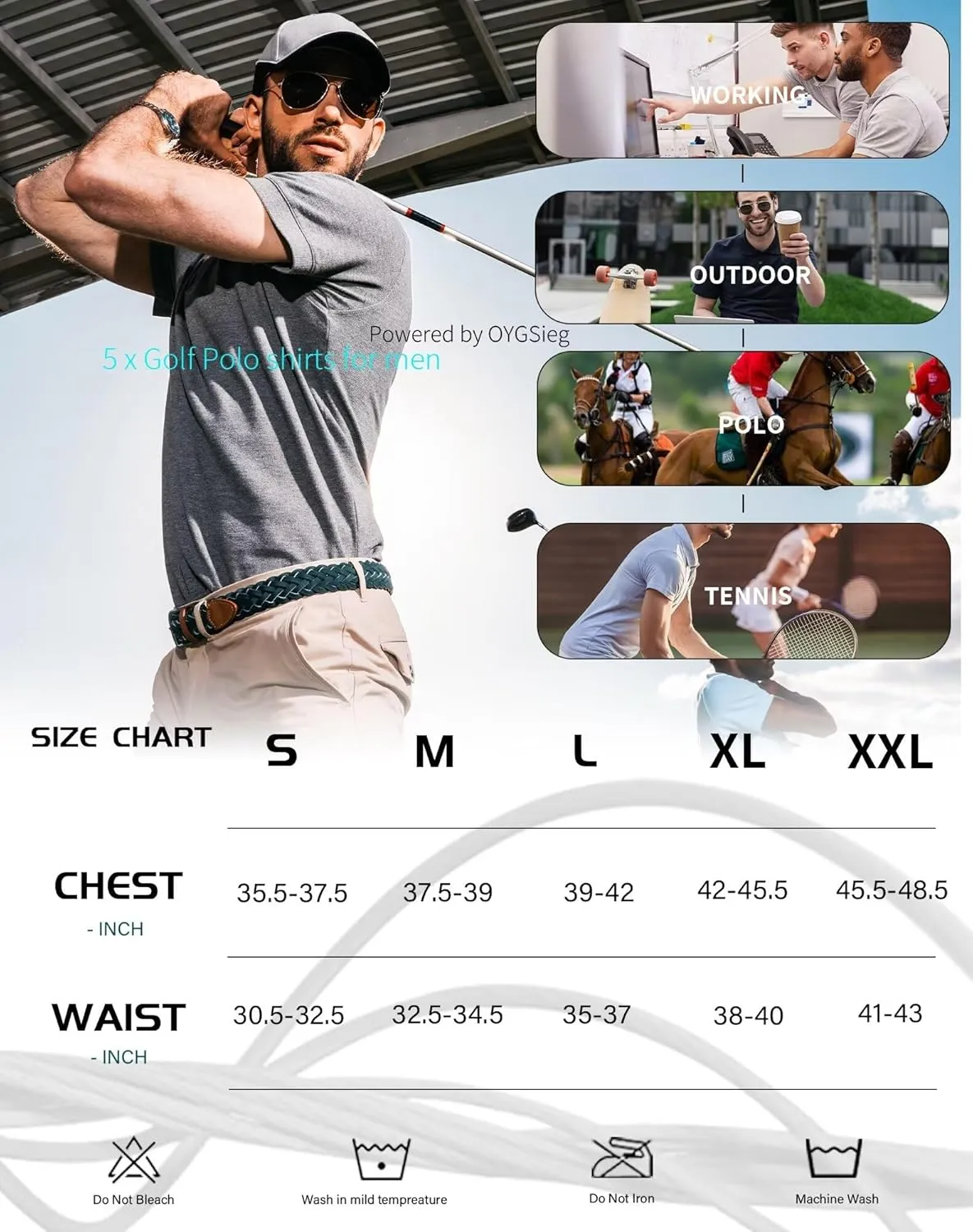 OYGSieg 5 Pack Mens Polo Shirt Short Sleeve Tactical Shirts Quick Dry Performance Golf Shirt Pique Jersey Outdoor Shirt