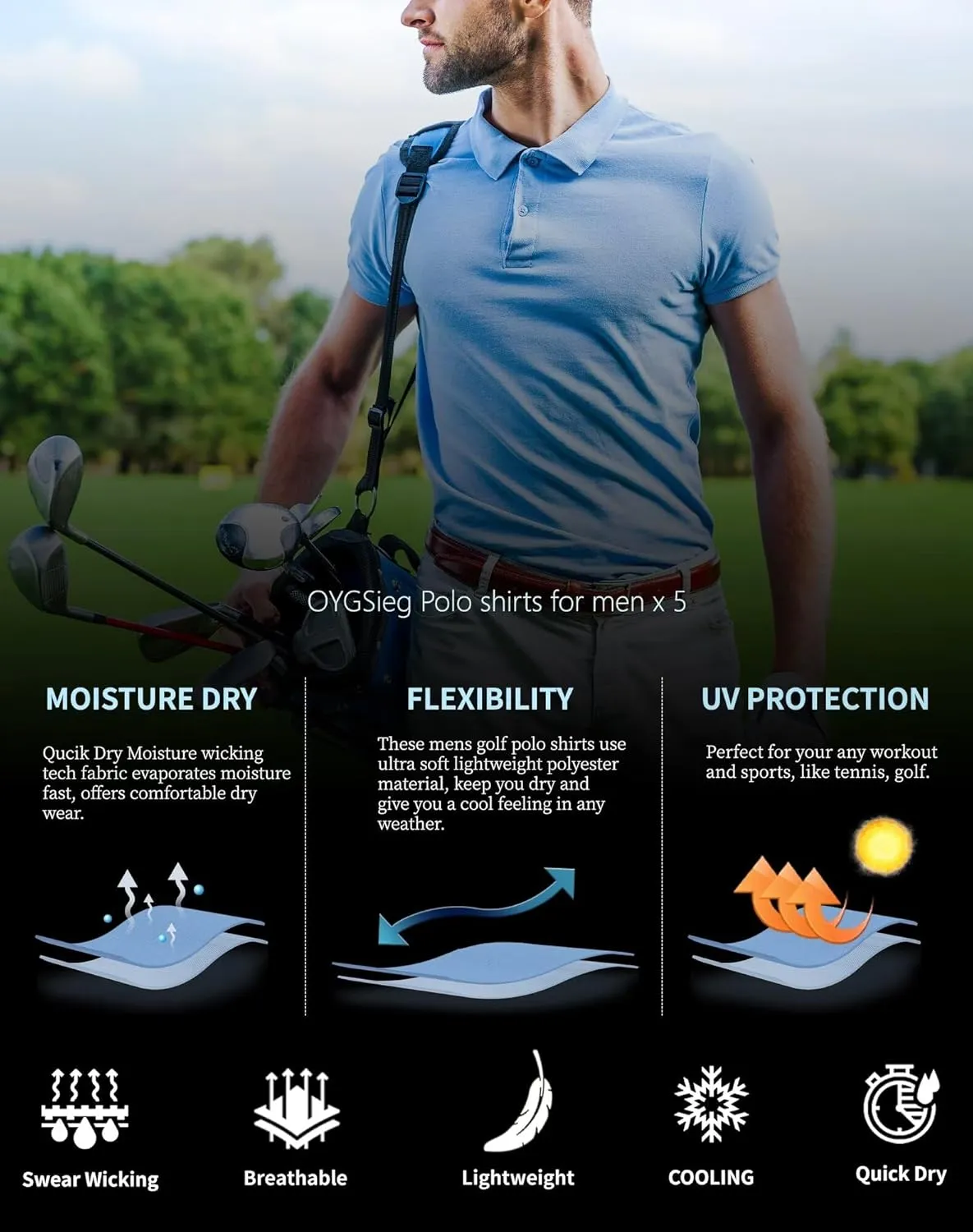 OYGSieg 5 Pack Mens Polo Shirt Short Sleeve Tactical Shirts Quick Dry Performance Golf Shirt Pique Jersey Outdoor Shirt