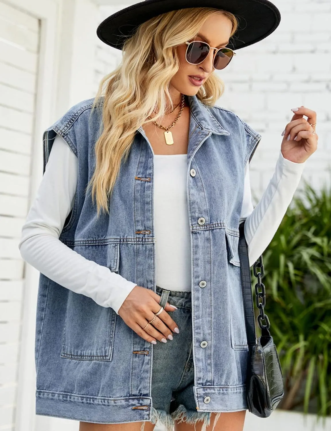 Perbai Women's Oversized Denim Vest Distressed Mid Long Sleeveless Jean Jacket Waistcoat with Pockets