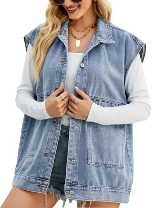 Perbai Women's Oversized Denim Vest Distressed Mid Long Sleeveless Jean Jacket Waistcoat with Pockets