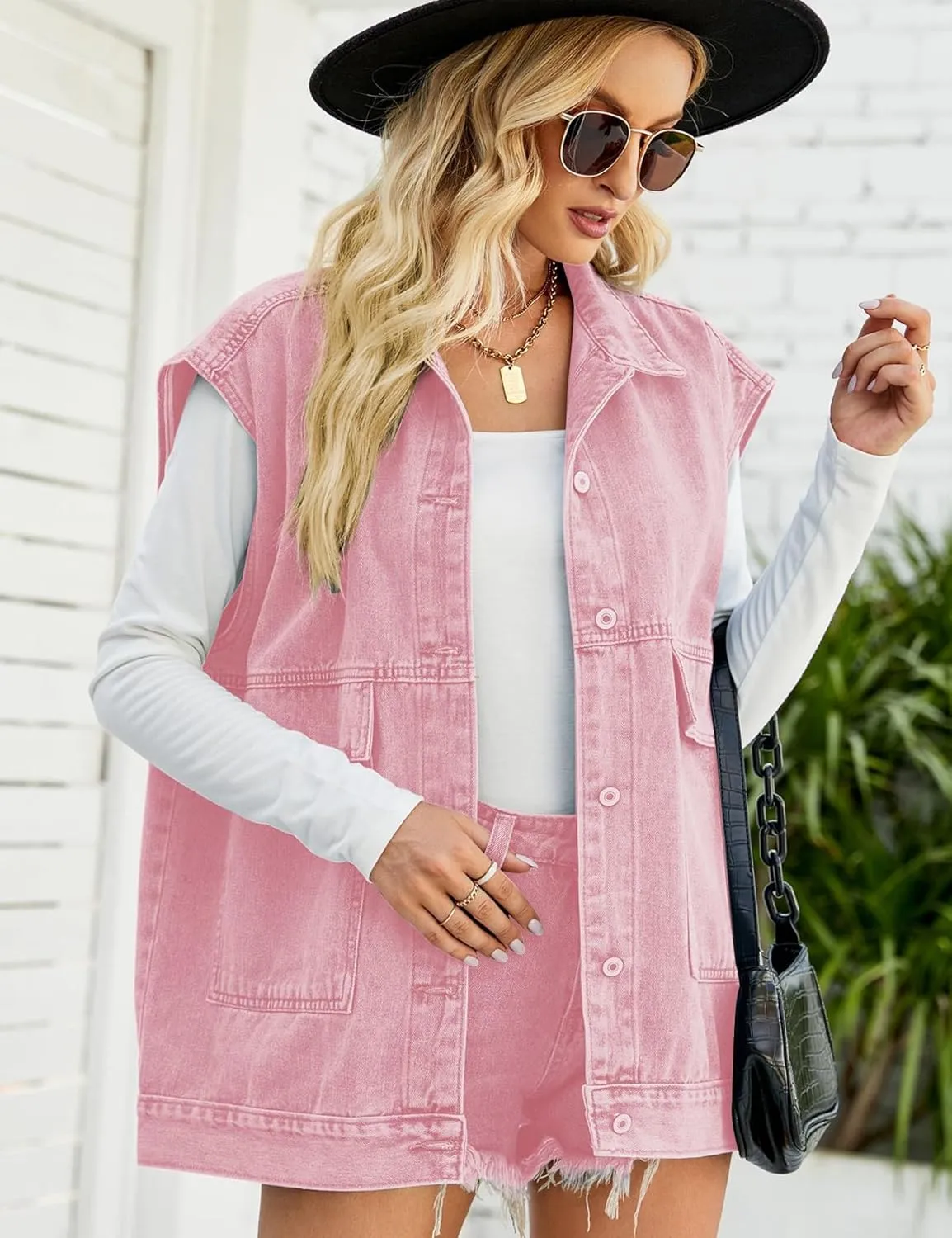 Perbai Women's Oversized Denim Vest Distressed Mid Long Sleeveless Jean Jacket Waistcoat with Pockets