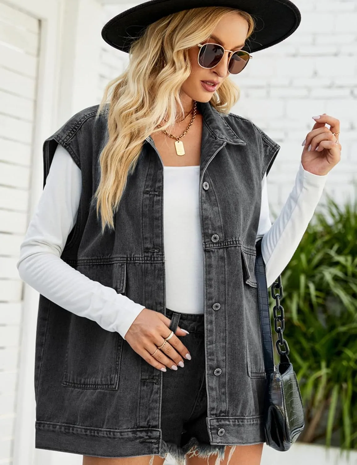Perbai Women's Oversized Denim Vest Distressed Mid Long Sleeveless Jean Jacket Waistcoat with Pockets