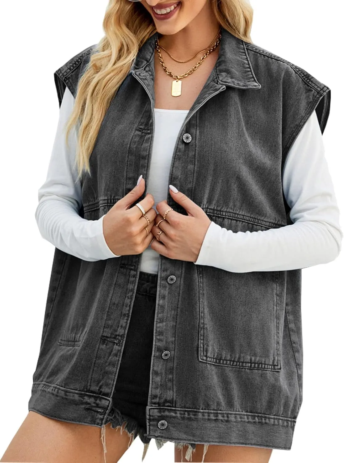 Perbai Women's Oversized Denim Vest Distressed Mid Long Sleeveless Jean Jacket Waistcoat with Pockets