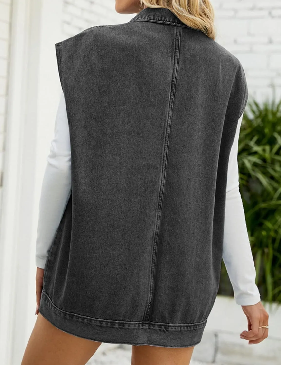 Perbai Women's Oversized Denim Vest Distressed Mid Long Sleeveless Jean Jacket Waistcoat with Pockets