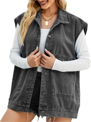 Perbai Women's Oversized Denim Vest Distressed Mid Long Sleeveless Jean Jacket Waistcoat with Pockets