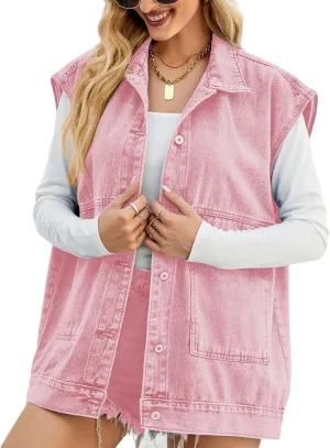 Perbai Women's Oversized Denim Vest Distressed Mid Long Sleeveless Jean Jacket Waistcoat with Pockets