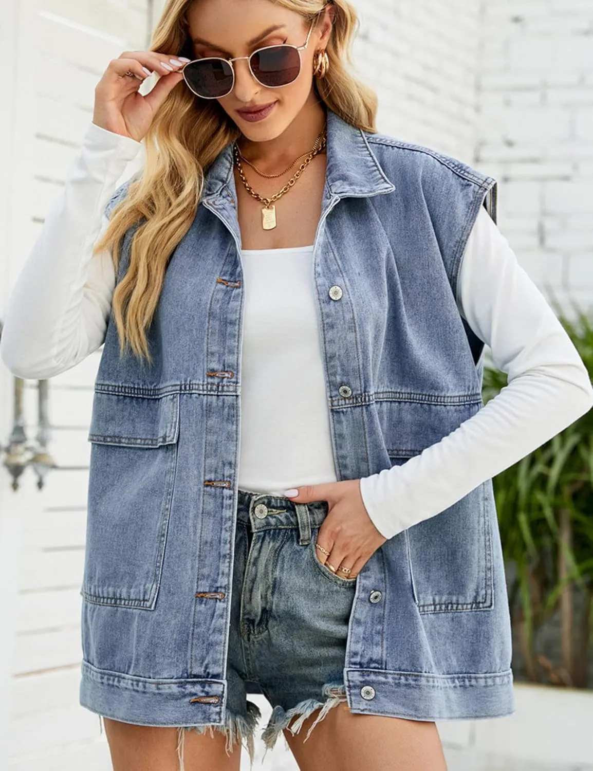 Perbai Women's Oversized Denim Vest Distressed Mid Long Sleeveless Jean Jacket Waistcoat with Pockets