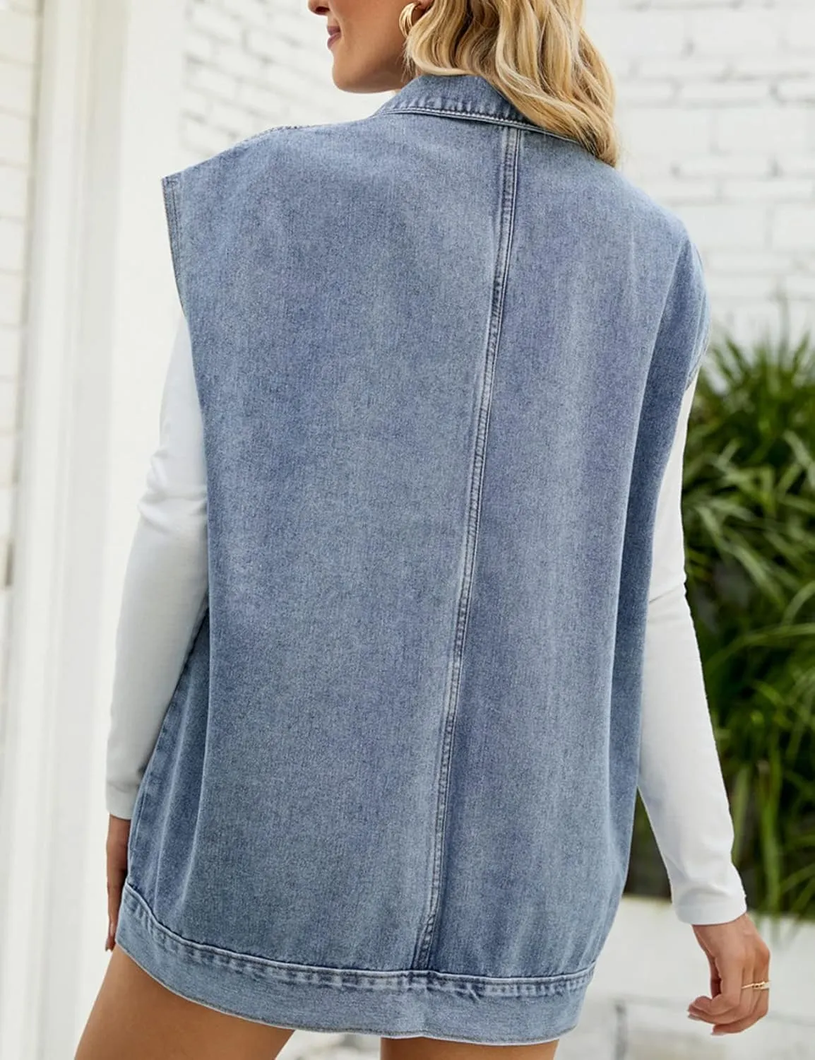 Perbai Women's Oversized Denim Vest Distressed Mid Long Sleeveless Jean Jacket Waistcoat with Pockets