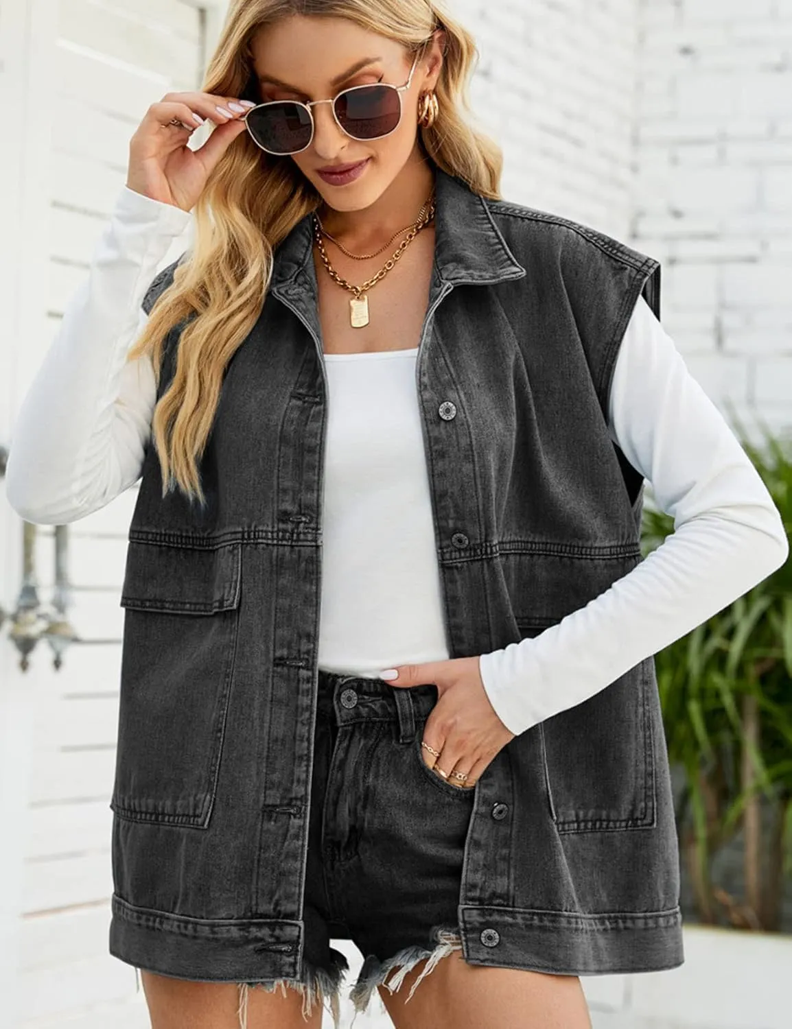 Perbai Women's Oversized Denim Vest Distressed Mid Long Sleeveless Jean Jacket Waistcoat with Pockets