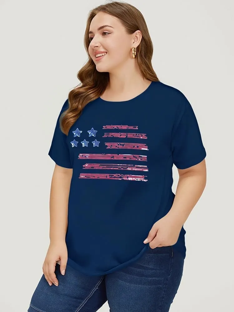 Plus Size American Flag Shirt Women USA Stars T-Shirt 4th of July Memorial Tee Patriotic Sequin American Proud Tops