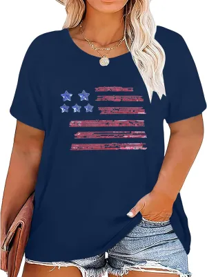 Plus Size American Flag Shirt Women USA Stars T-Shirt 4th of July Memorial Tee Patriotic Sequin American Proud Tops