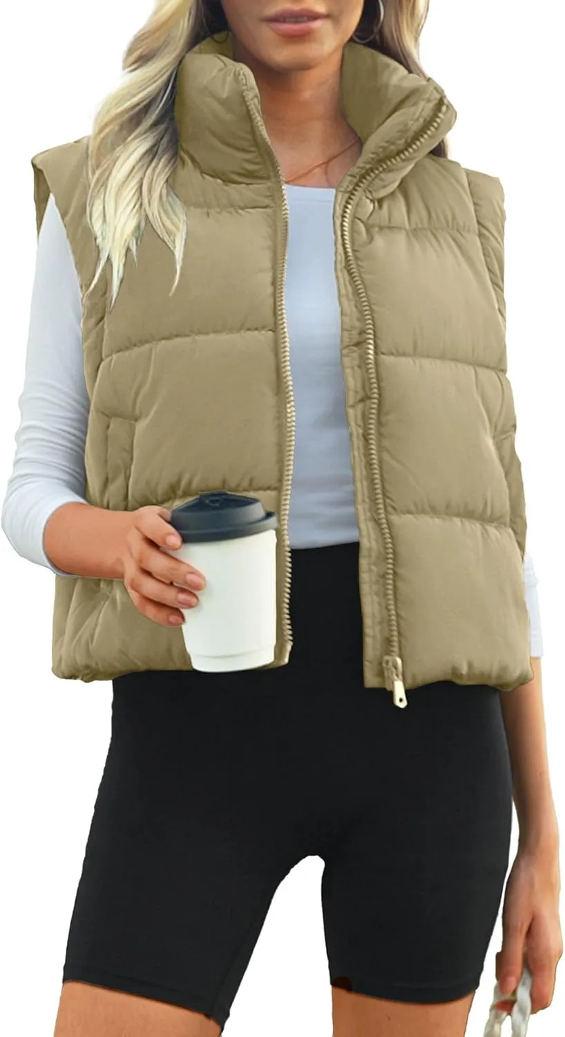 Polu Cropped Puffer Vest Women Sleeveless Stand Collar Padded Gilet Winter Lightweight Puffy Vest