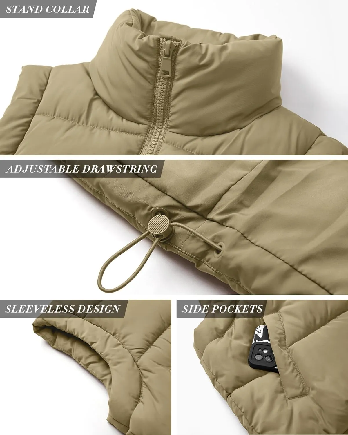 Polu Cropped Puffer Vest Women Sleeveless Stand Collar Padded Gilet Winter Lightweight Puffy Vest