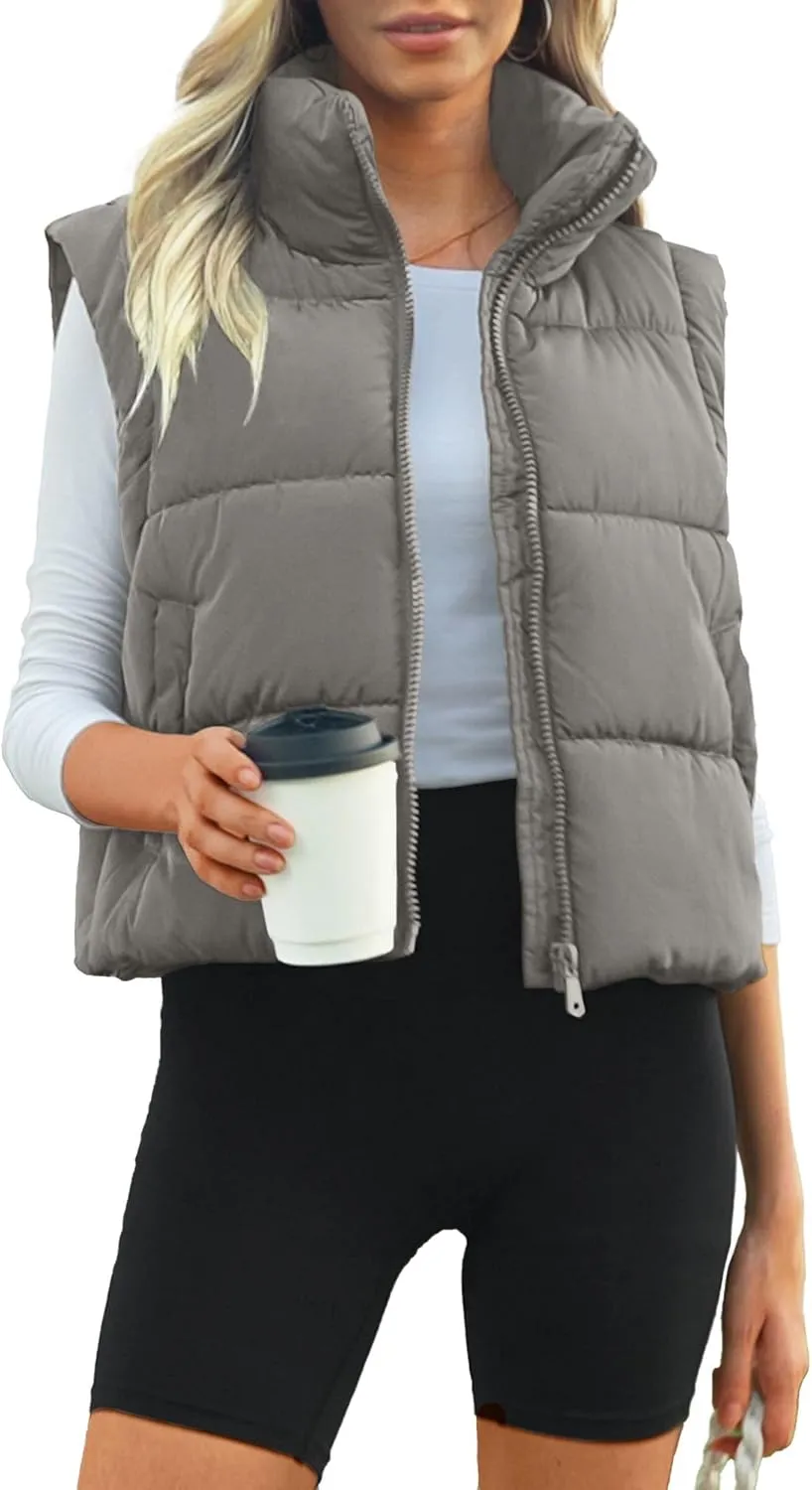 Polu Cropped Puffer Vest Women Sleeveless Stand Collar Padded Gilet Winter Lightweight Puffy Vest